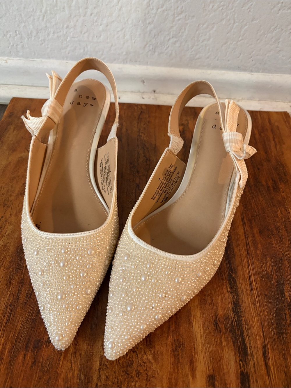 a new day Pearl-Embellished Ivory Pointed Slingback Flats